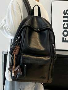 1pc Backpack With Pendant, PU Material, Large Capacity, College Style - Black - View 2