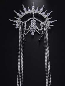 Exaggerated Crystal Crown Headband, Geometric Tassel Headdress Party Accessory, Bride To Be, Tiara - Silver - View 2