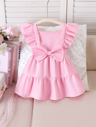 1pc Toddler Girls' Cute Ruffle Trim Spaghetti Strap Pink Dress, Spring/Summer