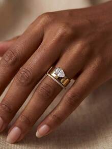 2pcs/Set Classic Water Drop Shaped Diamond Fairy Ring Set, Inlaid Diamonds, Engagement Gift, Holiday Gift, S925 Sterling Silver Exquisite Jewelry Gift