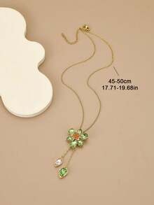 1pc Fashionable Fully Paved Cubic Zirconia 6-Petal Flower Stainless Steel Necklace, Geometric Design, Tassel, Gold Jewelry, Women's Jewelry, Gold Necklace, Gift, For Parents, Relatives - Yellow Gold - View 3