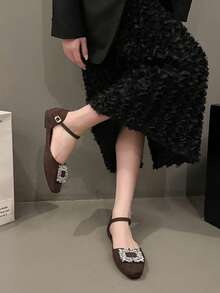 2026 New Spring Buckle Rhinestone Flat Square Toe Black Office Lady Mary Jane Shoes - Brown - View 5