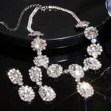 Bộ trang sức 2 món đính đá lấp lánh cao cấp, dây chuyền và bông tai, phụ kiện cô dâu thanh lịch. - Bộ 2 món kim cương hình oval lớn - Xem 9