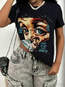 Tween Girl Cotten Clothes,Y2K-Inspired Letter Print T-Shirt - Casual Crew Neck, Short Sleeve, Machine Washable - Perfect For Spring/Summer/Fall,Fashion, Streetwear, Unisex, Men, Women - 黑色 - 查看 4