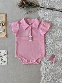Newborn Baby Girl Pink Collar Cap Sleeve Romper - Rose Red - View 8