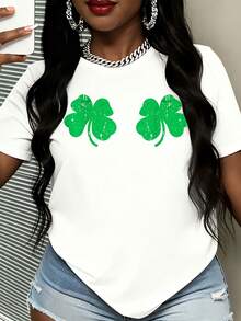 Cute Shamrock Print T-Shirt White Lucky Clover Pattern For St Patrick's Day Celebration - 白色 - 查看 2