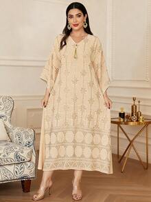 Vestido elegante con cuello en V bordado con borlas, estilo tradicional de Ramadán 2026 para mujeres - Albaricoque - Ver 8