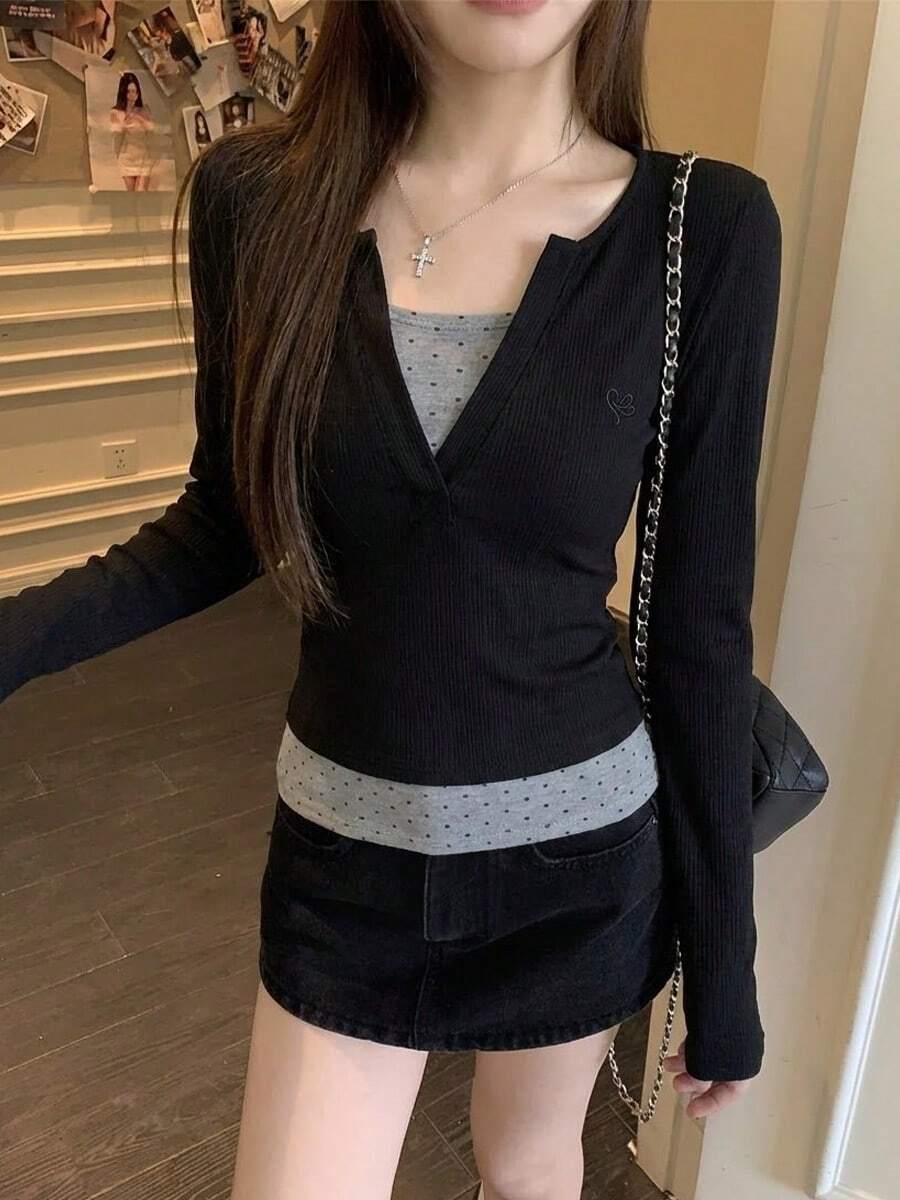 1件纯色休闲长袖二合一透气上衣 - 黑色 - 查看 1