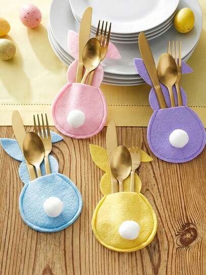 4/8pcs Easter Bunny Cutlery Holders With Fluffy Pom Pom Tails, Soft Felt Bunny Cutlery Bags, Knife And Fork Holders For Spring Easter Dinner Table Decor, Happy Easter Family Dining Accessories, Bunny Cutlery Bag Set, Table Decoration ,Room Decor