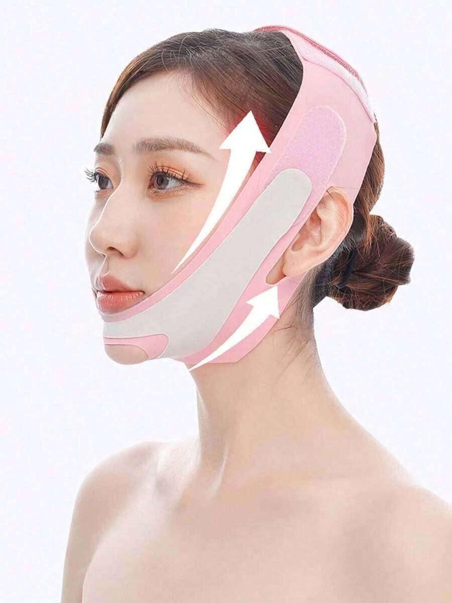 1pc V-Shape Chin Strap - Face Lifting Bandage, Sleep Mask, Elastic Fixing Strap, Face Slimming, Portable Yoga Face Muscle Strap, Suitable For Day And Night Use - 粉色 - 查看 1