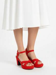 Soraia 女士厚底寬跟涼鞋 - 優雅交叉綁帶踝帶款 - 適合派對、婚禮和夏季穿著 - 多種顏色可選，沙灘搭扣 - 紅色 - 查看 3