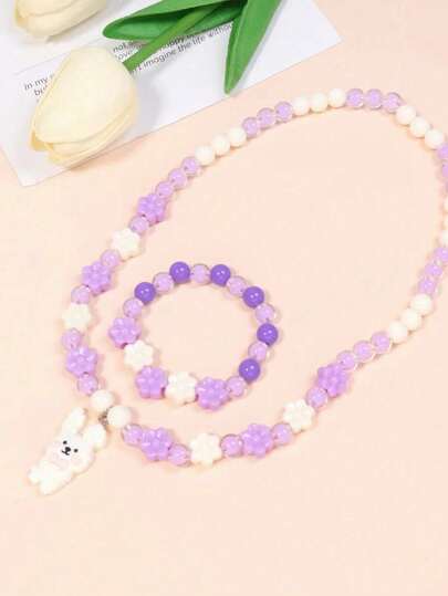 Set de joyería de 2 piezas con cuentas de color rosa dulce, collar con colgante de conejo y pulsera con flor, perfecto para el aspecto diario y festivo de las niñas