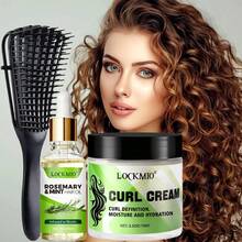 蓖麻油卷发霜和迷迭香油，造型梳套装，卷发造型霜，定型，抚平毛躁头发，卷发定型霜，柔软亮泽，保湿柔顺，轻盈配方，免洗护发素和解结剂，完美适用于干性波浪卷发、卷发和螺旋卷发。