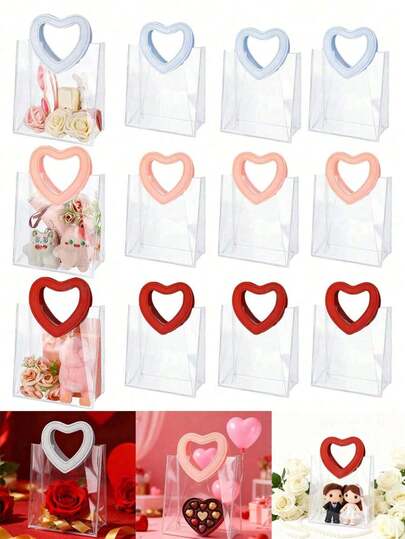 10/3/1pc Set Heart-Shaped Handle Transparent Gift Bags, Romantic Gift Bags, Valentine's Day Gift Packaging Handbag, Transparent Sweet Heart Style, Transparent Bag Body, Heart-Shaped Handle, Multiple Colors Available, Gift Bag Type, Gift Display