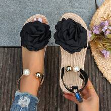 Soft & Comfortable Low Heel Floral Bohemian Sandals, Versatile Flat Sole Slip-On Beach Shoes For Women - Black - View 15
