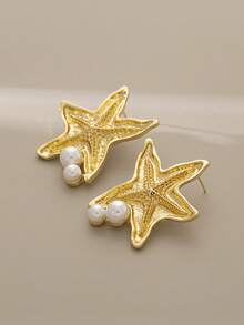 一对简约合金海星耳钉，饰以仿珍珠，适合日常、办公、派对佩戴 - 海星耳環 - 查看 7