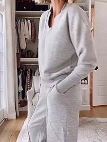 2-Piece Set Of Wide-Leg Pants - Loose Long-Sleeved And Pants, Anti-Wrinkle Both Office And Casual Wear, Washable Spring And Autumn Business Attire - Xám - Xem 3