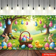 Un lienzo de terciopelo con diseño vibrante de primavera con un conejo de Pascua, huevos, flores y mariposas, colgante de pared de poliéster, adecuado para pancartas de fiestas familiares, con varios escenarios y tamaños a elegir. - Multicolor - Ver 5