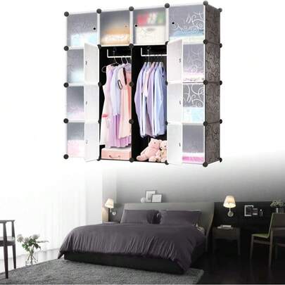 Armário de armazenamento DIY em plástico PP, 16 compartimentos com portas, à prova d'água e poeira, preto