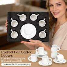 Set Of 6 Elegant White Porcelain Coffee Cups & Saucers, Pearl Beaded Rim, 100ml (3.38 OZ) Espresso Cappuccino Set, Dishwasher Friendly - Perfect For Home Café & Gift Giving - 白色 - 查看 4