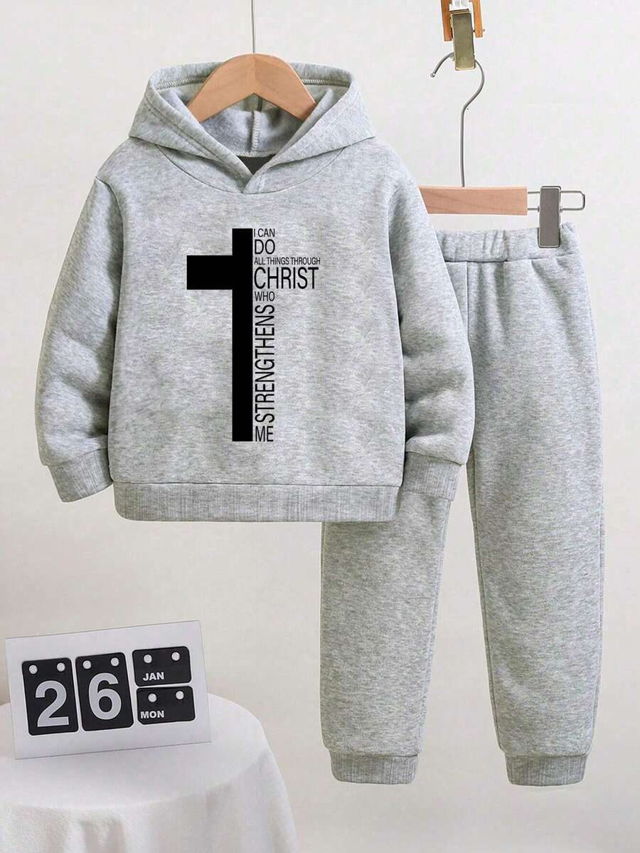 Bộ 2 món đồ chơi cho bé trai tuổi teen, học sinh, áo nỉ đen in họa tiết, áo chui đầu và quần, thích hợp cho mùa Thu/Xuân/Đông. - Màu Xám nhạt - Xem 1