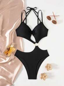 بدلة سباحة قطعة واحدة بتصميم أوروبي وأمريكي جديد لعام 2026، بقماش محبوك ذو لون أحادي، بياقة حلقة وظهر مكشوف، مناسبة للصيف والعطلات الشاطئية - الأسود - مشاهدة 1