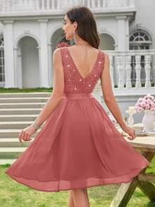 MIUSOL Deep V-Neck Sequin Floral Lace Sleeveless Ruffle Hem Chiffon Cocktail Party Swing Dress - Dusty Pink - View 3