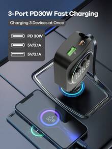 REMAX 藍牙車充，配備 RGB 燈光與 29 英吋可伸縮線纜；支援 PD 30W 快充；藍牙 5.3，支援免手持通話/音樂播放；自動重新連接；Type-C 介面，相容 Apple/Android 手機；汽車配件；汽車用品；旅行必需品 - C76 - 查看 3