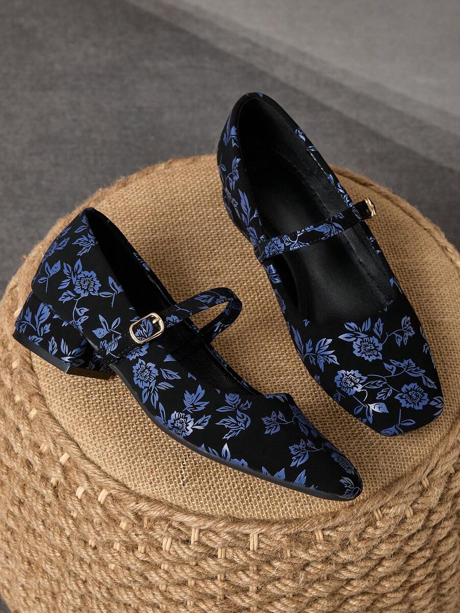 MonaNise 女士3厘米布包跟时尚海军蓝金属酒红色玛丽珍粗跟高档黑色鞋 - 藍色 - 查看 1