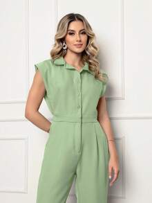 ALETHEIA - ELEGANT TAILORED WOMEN'S JUMPSUIT WITH JAPANESE SLEEVES, TANK TOP STYLE, AND ELASTIC WAISTBAND AT THE BACK - Pastel Green - View 2