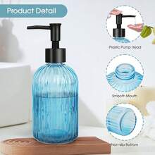 Topsky Stripe Glass Soap Dispenser With Black Plastic Pump, 400ml Liquid Hand Soap Dispenser, Rustproof Pump For Kitchen & Bathroom, Great For Lotions, Essential Oil, Liquid Soaps- (Light Blue) - LightBlue - 查看 5