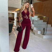 C7499 European And American Fashion Women's V-Neck Decorative Button Belt Top And Pants Set - C7499 - Black - View 5