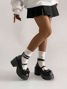 1 par de zapatos con plataforma, decoración de lazo y hebilla de cuero sintético, estilo JK, adecuados para todas las estaciones - Negro - Ver 6