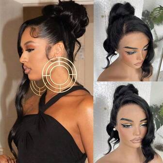 วิกผมด้านหน้าลูกไม้ขนาด 13" X 4" X 1", วิกผมสีความหนาแน่น 200%, วิกผมใยสังเคราะห์ลูกไม้โปร่งใส เหมาะสำหรับผู้หญิงผมตรงยาว วิกผมตรงยาวสีดำ, วิกผมใยสังเคราะห์ทนความร้อน, วิกผมตรงไหมสีดำช็อกโกแลตพรีเมี่ยม, วิกผมตรงธรรมชาติลูกไม้แบบไร้กาว