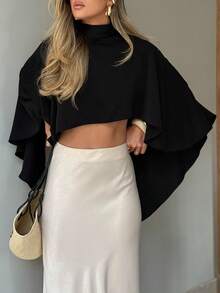 Nueva blusa tipo capa sin mangas para mujer primavera/verano con diseño de unicolor, cuello redondo, dobladillo asimétrico.Estas blusas negras - Negro - Ver 7