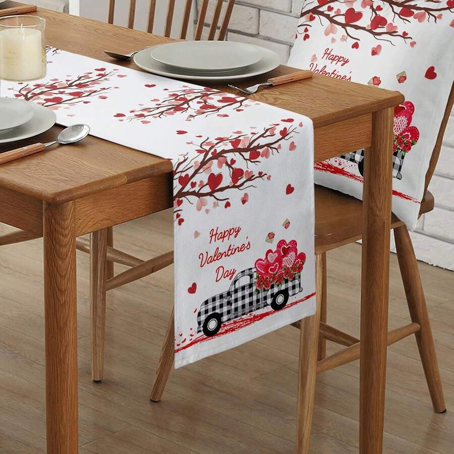 1pc Valentine's Day Truck Tabletop Flag, Cotton Linen Tablecloth, Tablecloth, Scarf, Party, Wedding, Coffee/Dining Table Runner, Love Home Decor