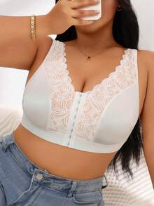 1 pieza Sujetador sin costuras con cierre delantero de encaje y sin aros, sujetador elástico sin espalda para mujeres de talla grande - Blanco - Ver 9