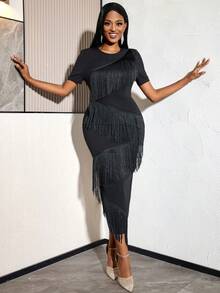 Women Black Chic Layered Fringe Bodycon Midi Dress Spring Summer Formal Evening Wear