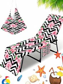 1pc Flamingo Beach Chair Cover (With Pocket) - Quick Dry Super Soft Fiber Pool Lounge Chair Slipcover With Towel Bar, Modern Style, Suitable For Travel And Holiday Home