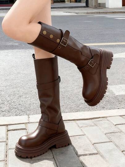 Un par de Liso Vintage Cuero PU Detalle de Hebillas y Tira de Correa Botas Altas de Mujer Para Salidas de Moda y Caminatas Otoño e Invierno Suela Gruesa Antideslizante
