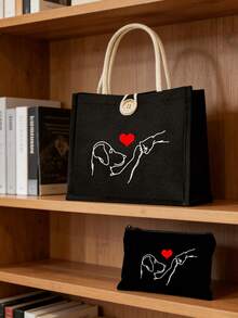 可爱便携手提包兼化妆包，小狗可爱线条图案，小狗和主人击拳的图案，爱狗图案，轻便可折叠收纳包，多功能手提包 - 彩色 - 查看 2