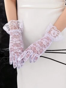 1 Pair Floral Lace Full Finger Hollow Out Gloves, Suitable For Dresses And Formal Wear
