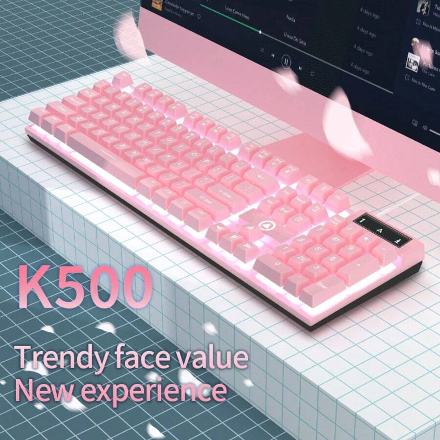 104键有线USB电脑键盘，带白色背光，即插即用，适合游戏玩家和打字员，兼容Windows PC、笔记本电脑，适用于办公和家庭使用。 - 粉色 - 查看 1
