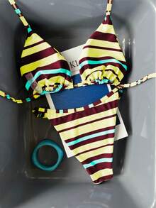 女士夏季度假泳装系列，条纹细肩带三角比基尼两件套，性感修身女士泳衣，撞色条纹比基尼套装，沙滩度假时尚泳装套装 - 彩色 - 查看 7