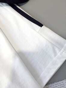 女士休闲波浪纹短袖中长款T恤，时尚撞色条纹上衣 - 白色 - 查看 3