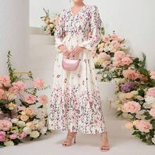 优雅印花波西米亚风长袖连衣裙，适合约会、度假、日常穿着，春秋季皆宜。 - 杏色 - 查看 7