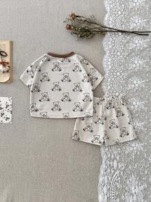 Set de 2 piezas Bebé niño oso impreso camiseta de manga corta de gofre + pantalones cortos, primavera/verano - Albaricoque - Ver 10