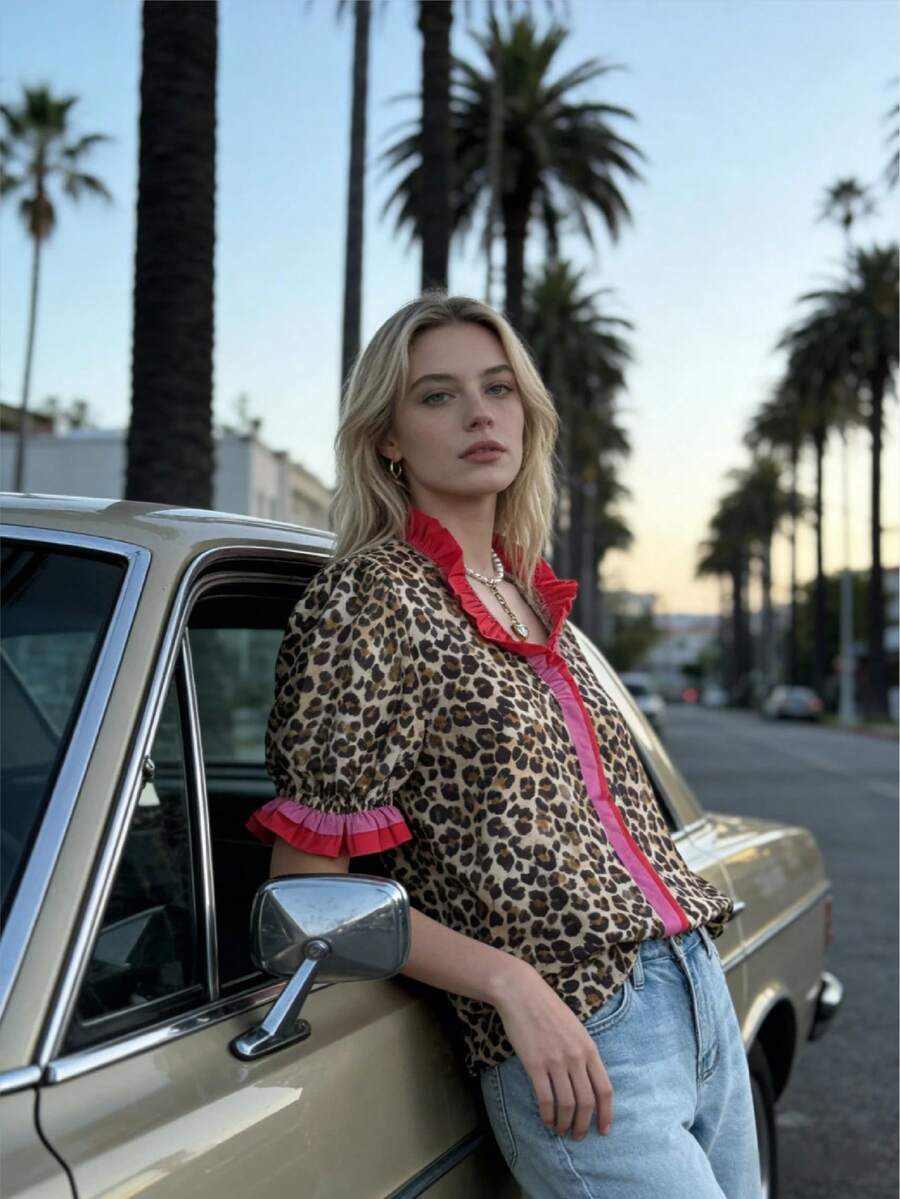 Women's Leopard Print Puff Sleeve Blouse – Red Contrast Ruffle Trim Top, Soft Lightweight Fabric, V Neck Button Down Shirt, Stylish Animal Print Design For Spring Summer Fashion, Valentine's Day Or Holiday Gift For Her - Màu Khaki - Xem 1