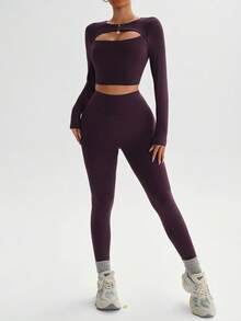 Bộ đồ mùa đông duyên dáng, Áo cổ tròn tay dài hở ngực & quần legging cạp cao giúp kiểm soát bụng, nâng mông và kéo dài chân, Áo nâng ngực cổ tròn kết hợp với quần legging cạp cao tôn dáng cho dáng người thanh lịch, Áo cổ tròn sang trọng tôn ngực và quần legging cạp cao tôn dáng, Bộ đồ mùa đông 2 món dành cho nữ - Màu tím - Xem 6
