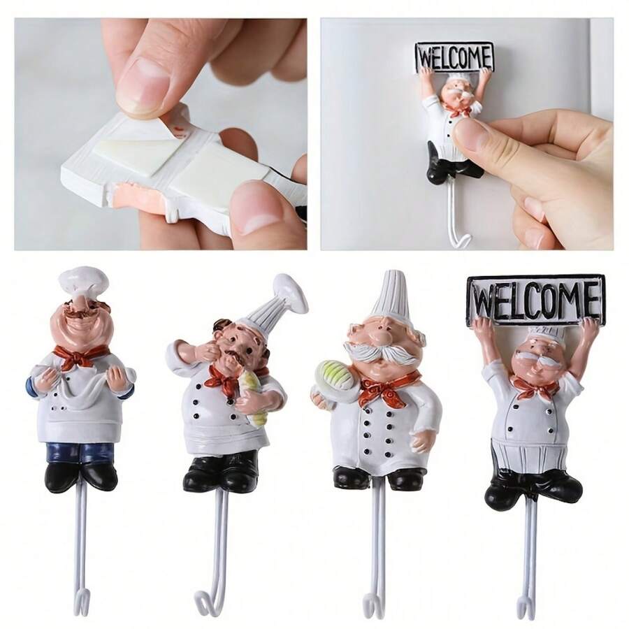 1pc Strong Adhesive Cartoon Chef Hook, Used For Kitchen And Bathroom Storage, Seamless Nail Wall, Kitchen Wall Hanging Clothes Hook, Fun Home Decoration - Kiểu B - Xem 1